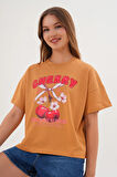 Kadın Taba Oversize Cherry Awesome Summer Baskılı Tişört