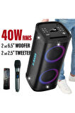 Büyük Boy Hoparlör 40W RMS Speaker Woofer Tweeter Kablosuz Mikrofonlu Şarjlı Parti Boy