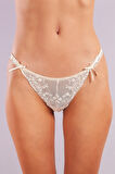 Golshan Giselle Mini String, Kadın Güpürlü Saten Ekru String Külot