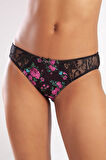 Golshan Gardenia Mini Slip, Kadın Dantelli Çiçek Baskılı Siyah Normal Bel Külot