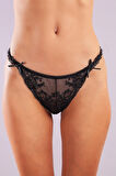 Golshan Giselle Mini String, Kadın Güpürlü Saten Siyah String Külot