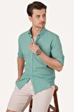 Mint Yeşili Yaka Düğmeli Keten Slimfit Gömlek