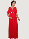 IŞŞIL Şakayık Kemer Baby Shower Şifon Elbise Kırmızı-38