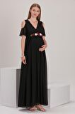 IŞŞIL Şakayık Kemer Baby Shower Şifon Elbise Siyah-40