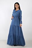 IŞŞIL 8466-TENCEL TİFTİZ MAXİ HAMİLE ELBİSE Mavi-S
