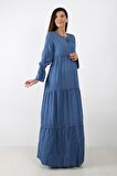 IŞŞIL 8466-TENCEL TİFTİZ MAXİ HAMİLE ELBİSE Mavi-S