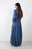 IŞŞIL 8466-TENCEL TİFTİZ MAXİ HAMİLE ELBİSE Mavi-S
