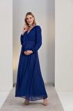 IŞŞIL O7053-Kruvaze Şifon Kuşak Baby Shower Maxi Hamile Elbise