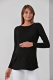 IŞŞIL 0362-Viskon Körüklü Düz Hamile Uzun Kol T-Shirt Siyah-S