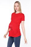 IŞŞIL 4477-Babasının Kızı Viskon Hamile Kısa Kol T-shirt Kırmızı-S