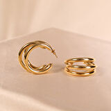Çelik Kadın Küpe, Üç Sıra Yarım Halka, Gold Renk, No:70