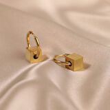 Çelik Kadın Küpe, Kare Detaylı Halka, Gold Renk, No:75