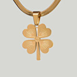 Çelik Kadın Kolye, Yonca Detaylı Zincir Model, Gold Renk, No:175
