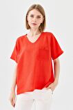 Kadın V Yaka Cebi File Keten T-shirt Oranj