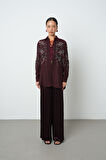 Kadın Önü Boncuk İşlemeki Bordo Renk Oversize Gömlek