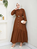 Kadın Beli Kemerli Düğme Detaylı Çilek Kumaş Kahverengi Elbise