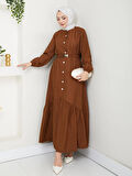 Kadın Beli Kemerli Düğme Detaylı Çilek Kumaş Kahverengi Elbise