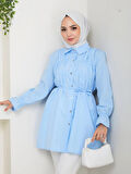 Kadın Düğmeli Bağcık Detaylı Mavi Gömlek