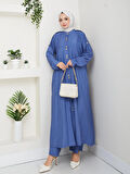 Kadın Düğmeli Çilek Kumaş Mavi İkili Takım