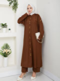 Kadın Düğmeli Çilek Kumaş Kahverengi İkili Takım