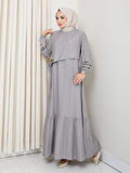 Kadın Bağlama Detaylı Çilek Kumaş Gri Elbise