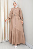 Kadın Beli Kemerli Düğme Detaylı Çilek Kumaş Bej Elbise