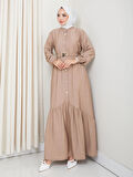 Kadın Beli Kemerli Düğme Detaylı Çilek Kumaş Bej Elbise