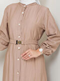 Kadın Beli Kemerli Düğme Detaylı Çilek Kumaş Bej Elbise