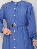 Kadın Beli Kemerli Düğme Detaylı Çilek Kumaş Mavi Elbise
