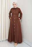 Kadın Cep Detaylı Düğmeli Kuşaklı Kahverengi Keten Elbise