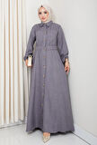 Kadın Cep Detaylı Düğmeli Kuşaklı Füme Keten Elbise