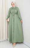 Kadın Büzgü Detaylı Kuşaklı Düğmeli Haki Elbise