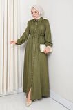Kadın Büzgü Detaylı Kuşaklı Düğmeli Yeşil Elbise