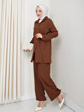 Kadın Kuşaklı Düğmeli Çilek Kumaş Kahverengi İkili Takım