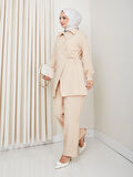 Kadın Kuşaklı Düğmeli Çilek Kumaş Bej İkili Takım