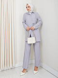 Kadın Kuşaklı Düğmeli Çilek Kumaş Gri İkili Takım