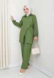 Kadın Kuşaklı Düğmeli Çilek Kumaş Yeşil İkili Takım