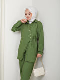 Kadın Kuşaklı Düğmeli Çilek Kumaş Yeşil İkili Takım