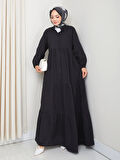 Kadın Düğmeli Kat Detaylı Siyah Keten Elbise
