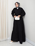 Kadın Düğmeli Kat Detaylı Siyah Keten Elbise