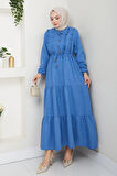 Kadın Fırfır Detaylı Düğmeli Mavi Keten Elbise