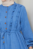Kadın Fırfır Detaylı Düğmeli Mavi Keten Elbise