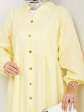 Kadın Düğmeli Kat Detaylı Sarı Keten Elbise