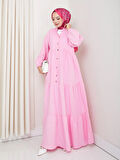 Kadın Düğmeli Kat Detaylı Pembe Keten Elbise
