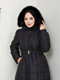 Kadın Kapüşonlu Uzun Siyah Kapitone Şişme Mont