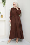 Kadın Fırfır Detaylı Düğmeli Kahverengi Keten Elbise