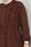 Kadın Fırfır Detaylı Düğmeli Kahverengi Keten Elbise