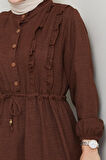 Kadın Fırfır Detaylı Düğmeli Kahverengi Keten Elbise