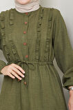 Kadın Fırfır Detaylı Düğmeli Haki Keten Elbise