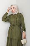 Kadın Fırfır Detaylı Düğmeli Haki Keten Elbise